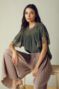 GIPSY Womens Round Neck Embroidery Top