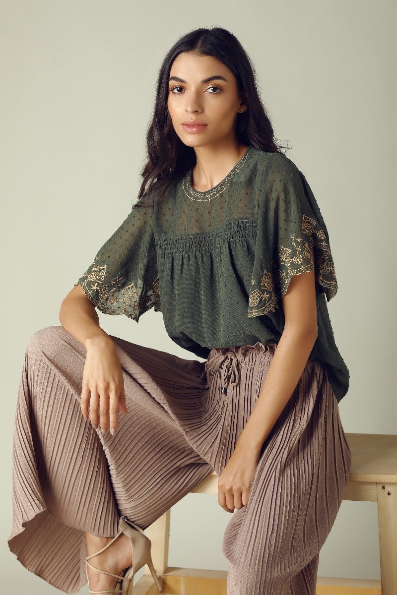GIPSY Womens Round Neck Embroidery Top