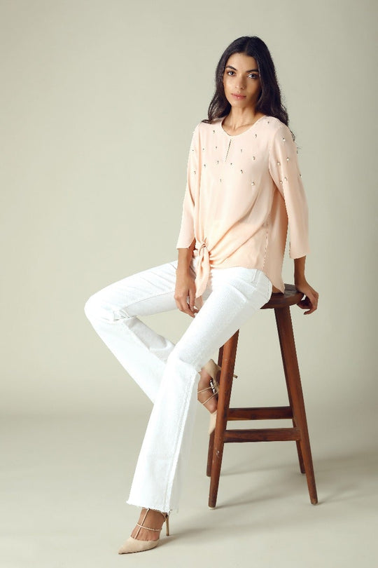 GIPSY Womens Key Hole Neck Embellished Top