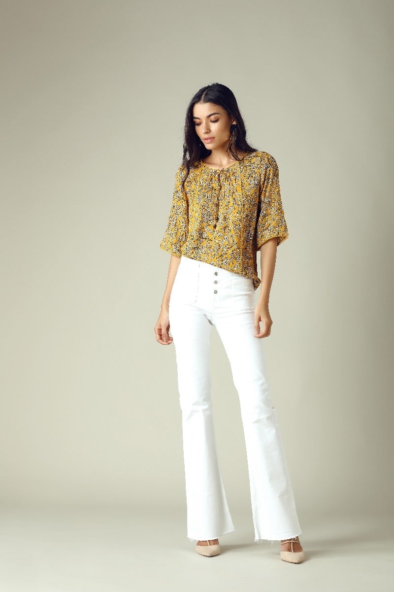 GIPSY Womens Tie Up Neck Printed Top