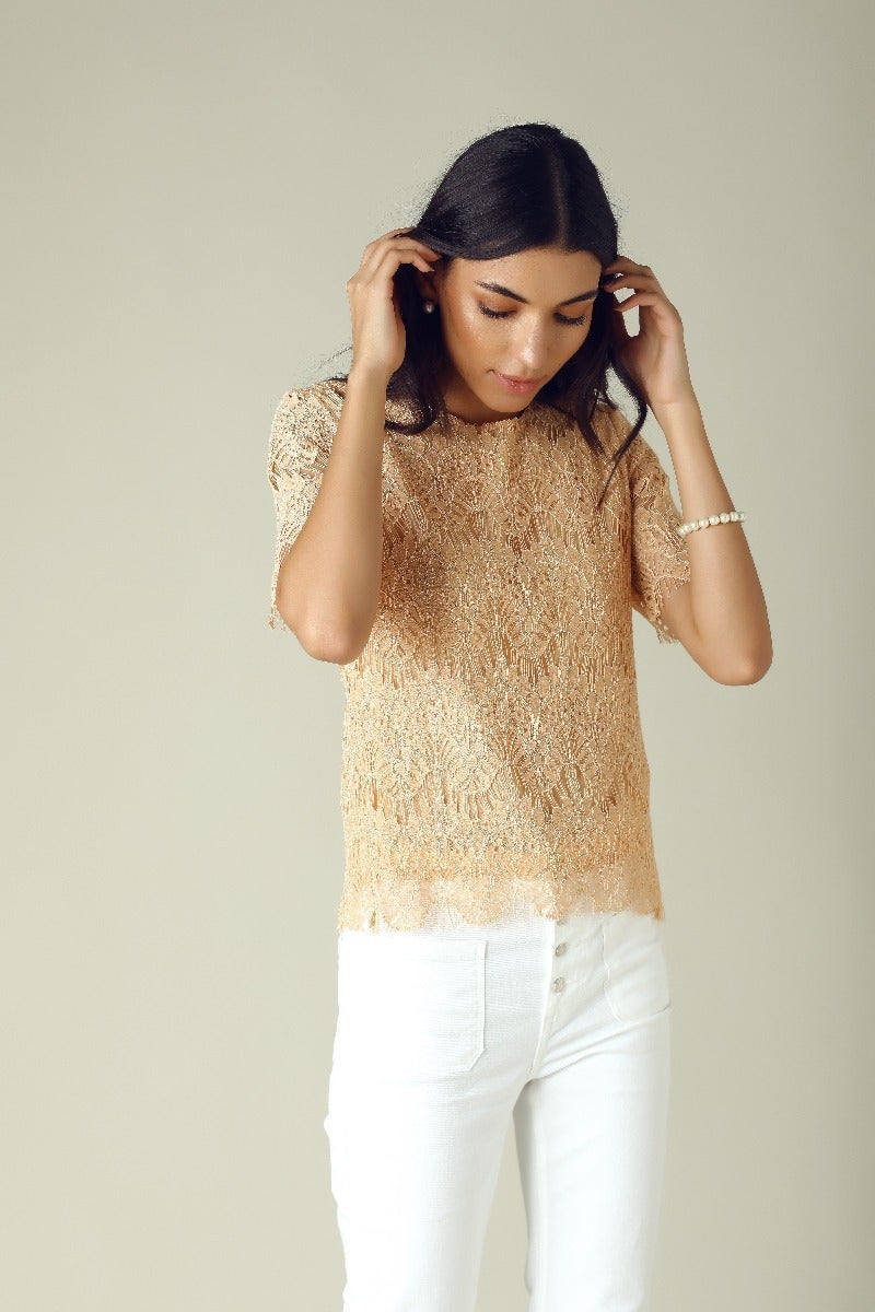 GIPSY Womens Round Neck Lace Top