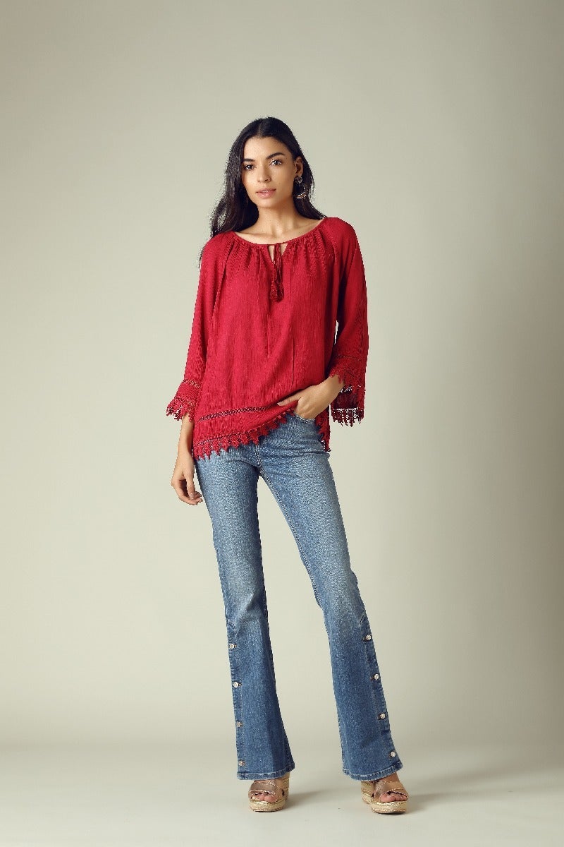 GIPSY Womens Tie Up Neck Slub Tunic