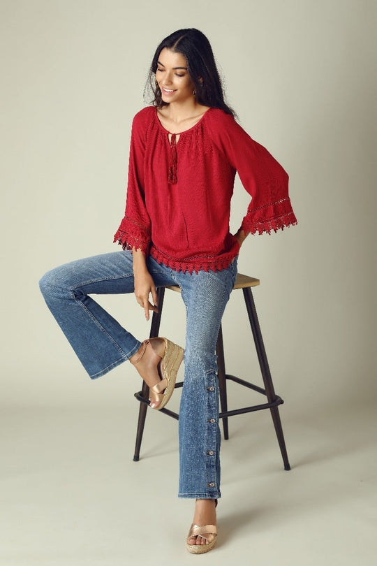 GIPSY Womens Tie Up Neck Slub Tunic