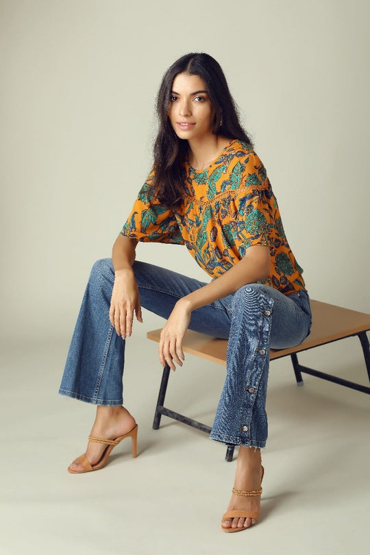 GIPSY Womens Round Neck Printed Top