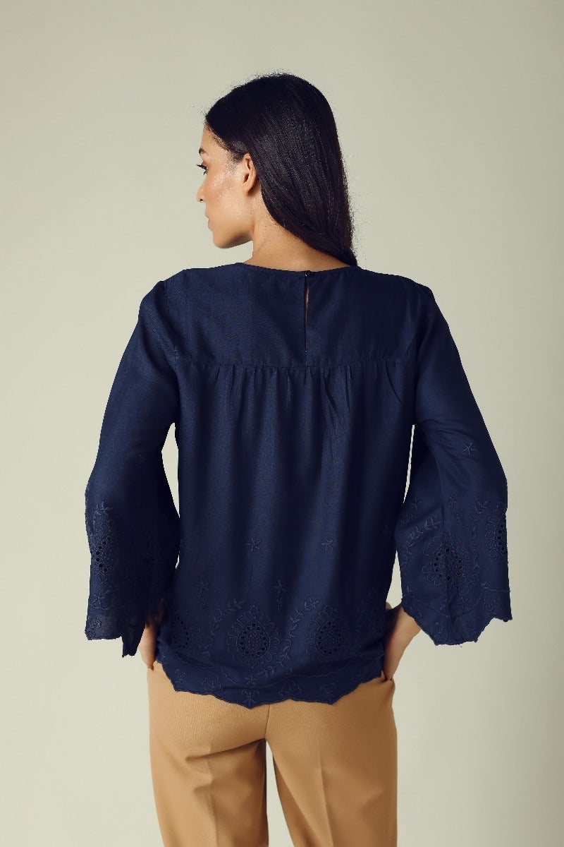 Gipsy Navy Round Neck Embroidery Eyelet Tunic