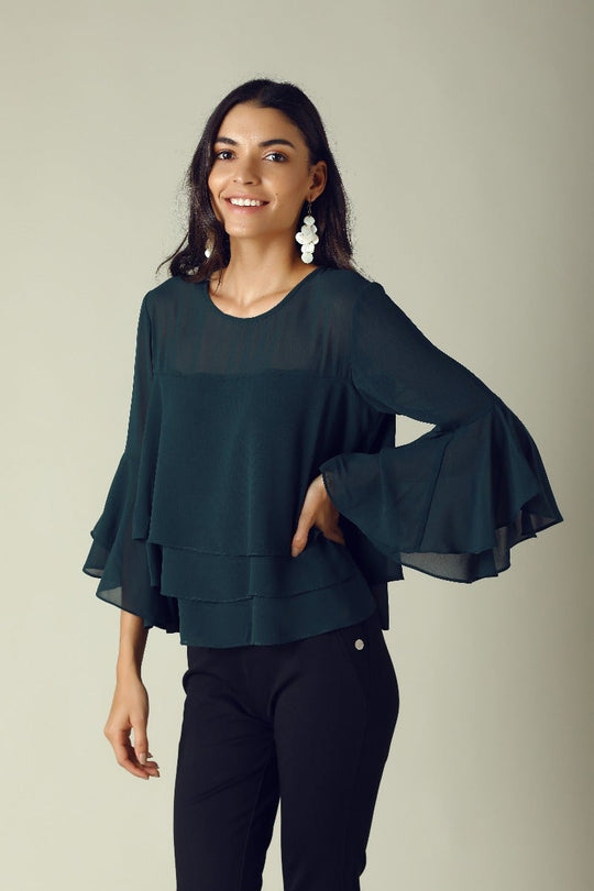 GIPSY Womens Round Neck Sheer Yoke Solid Tiered Top