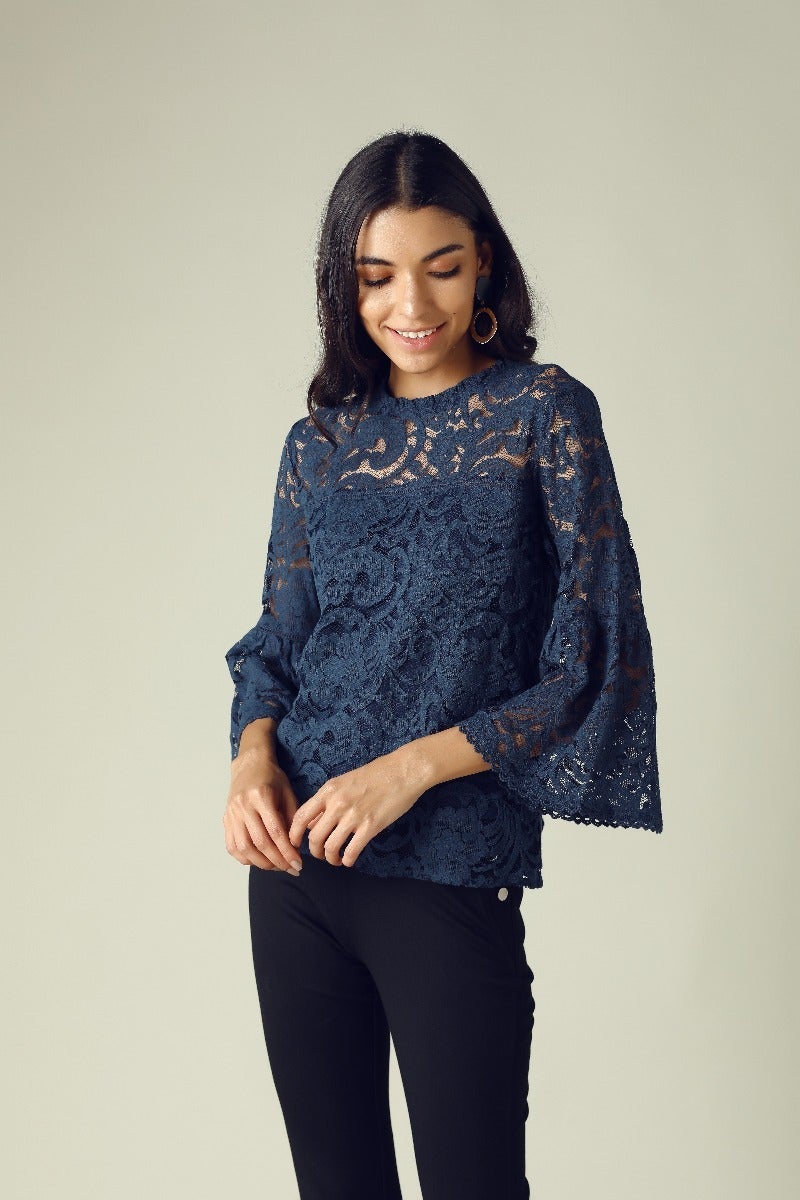 GIPSY Womens Ruffled Neck Lace Yoke Top