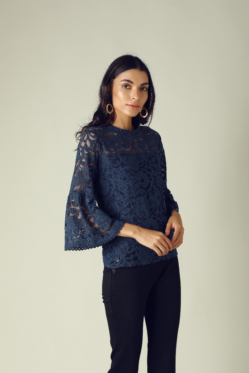 GIPSY Womens Ruffled Neck Lace Yoke Top