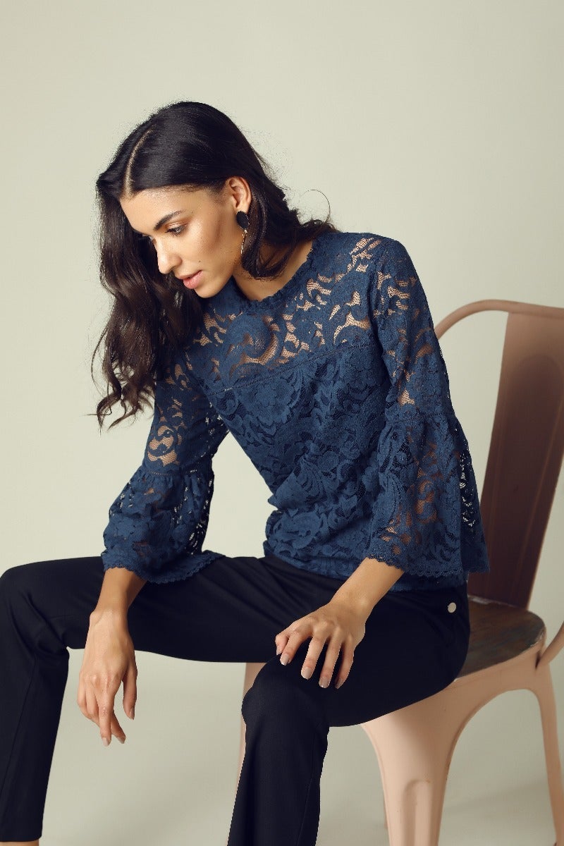 GIPSY Womens Ruffled Neck Lace Yoke Top