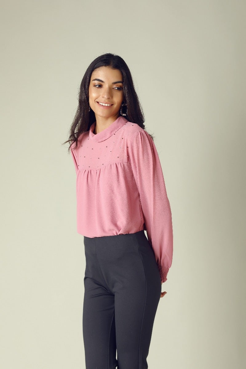 GIPSY Womens High Neck Embellished Top