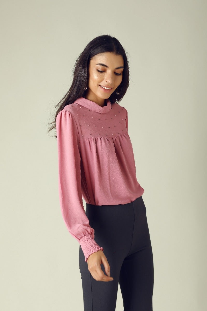 GIPSY Womens High Neck Embellished Top