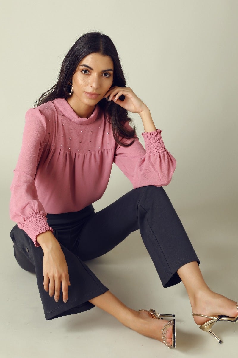 GIPSY Womens High Neck Embellished Top