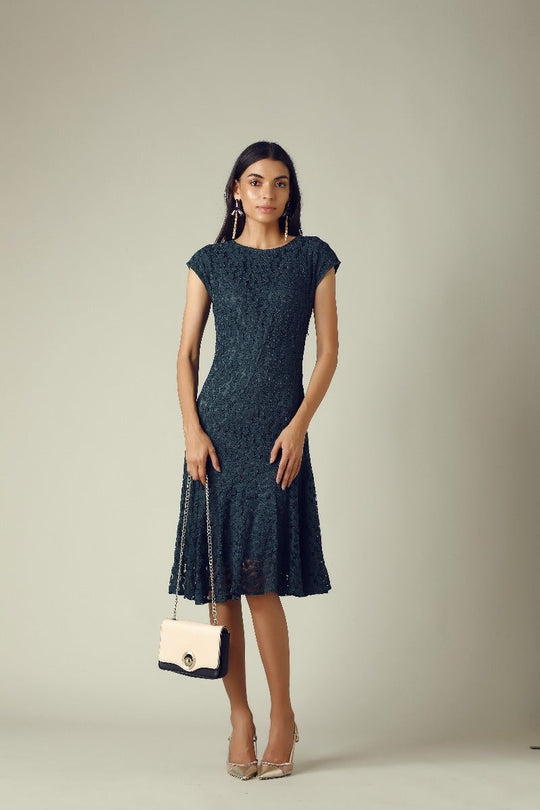 GIPSY Womens Round Neck Lace Flared Dress