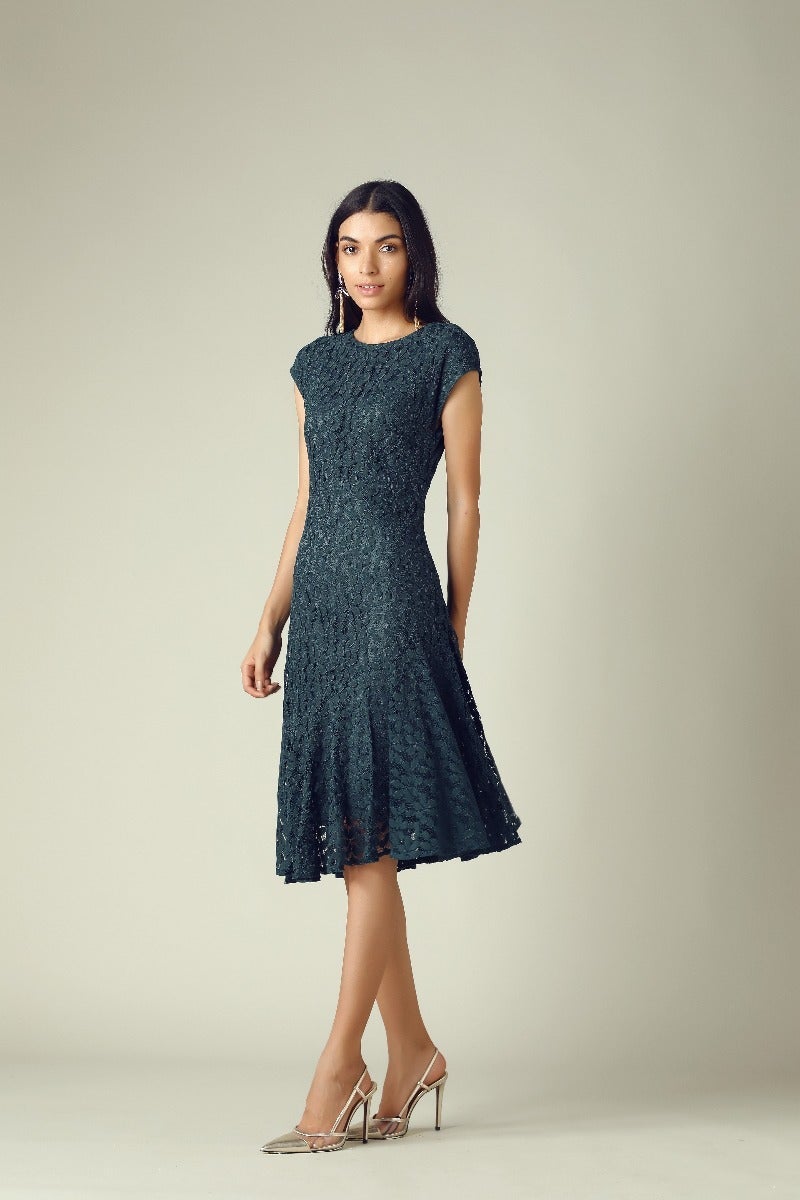 GIPSY Womens Round Neck Lace Flared Dress