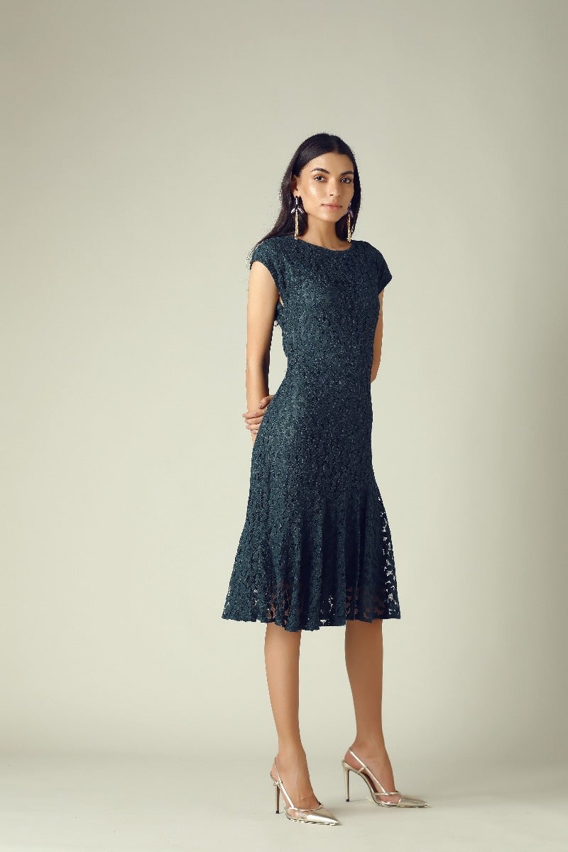 GIPSY Womens Round Neck Lace Flared Dress