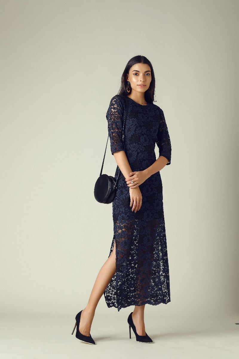 GIPSY Womens Round Neck Lace Maxi Dress