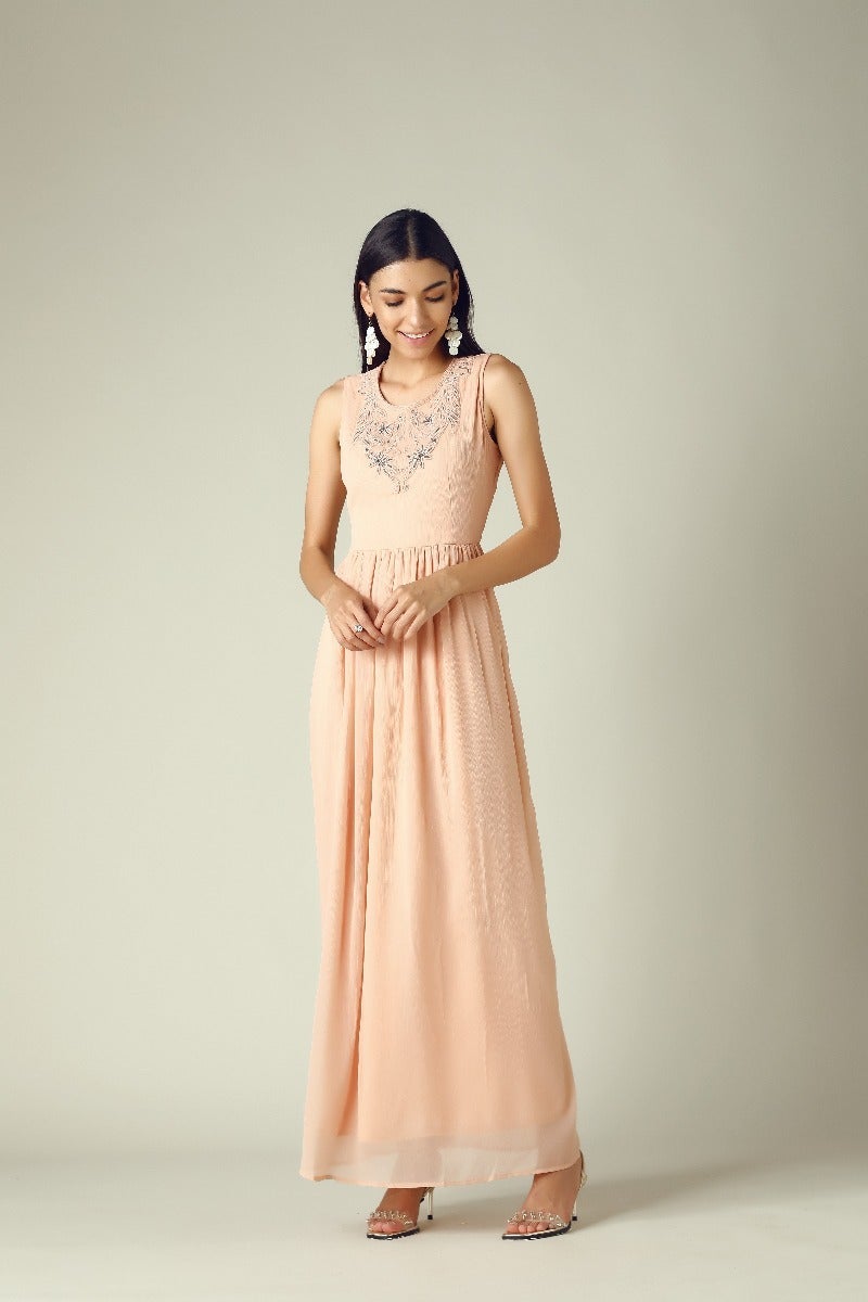 GIPSY Womens Round Neck Pink Embellished Maxi Dress