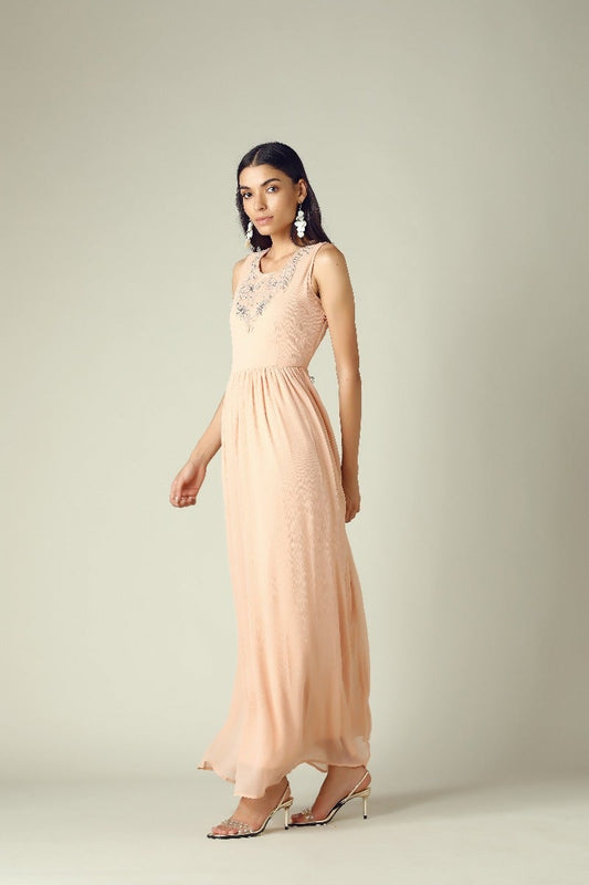 GIPSY Womens Round Neck Pink Embellished Maxi Dress