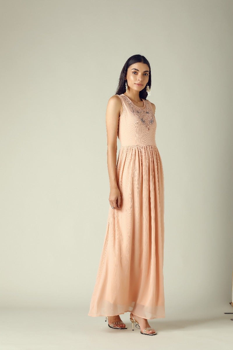 GIPSY Womens Round Neck Pink Embellished Maxi Dress