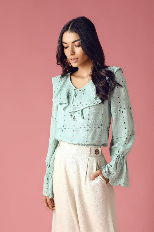 GIPSY Womens Tie Up Neck Perforated Top