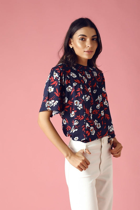 GIPSY Womens Crew Neck Lace Trimming Floral Printed Top