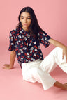 GIPSY Womens Crew Neck Lace Trimming Floral Printed Top