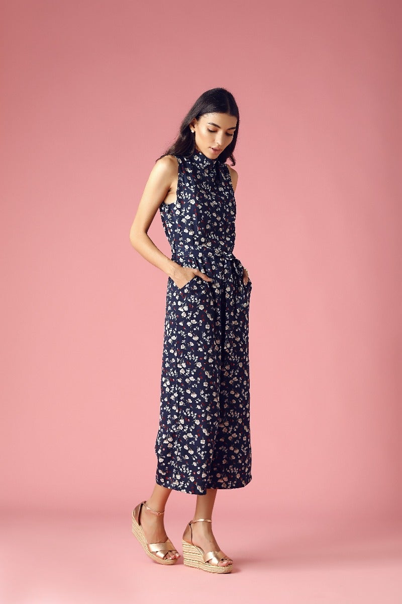 Gipsy Navy Band Collar Floral Printed Jumpsuit