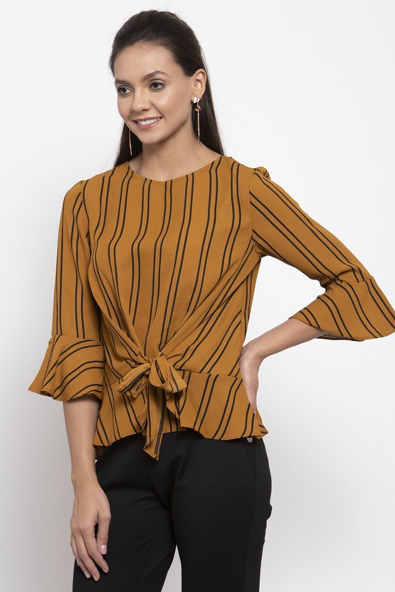 Gipsy Women Mustard Round Neck 3/4 Quarter Ruffle Sleeves Top