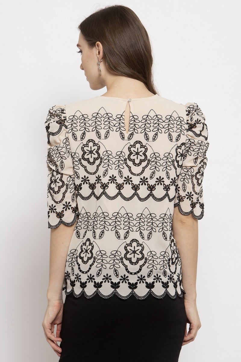 Gipsy Beige Floral Embroidered Crepe Top