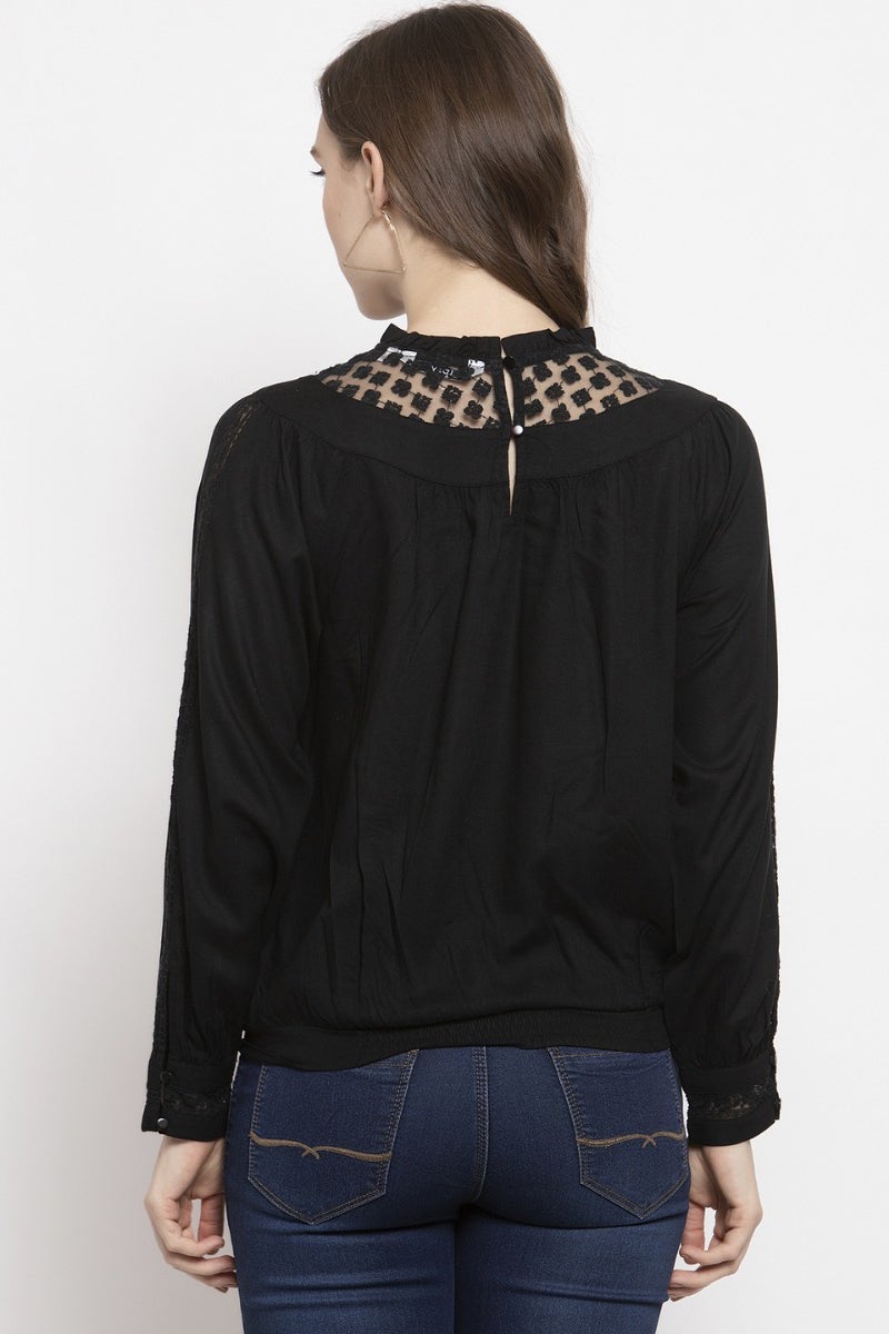 Gipsy Black Solid Rayon Net Top
