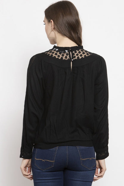 Gipsy Black Solid Rayon Net Top