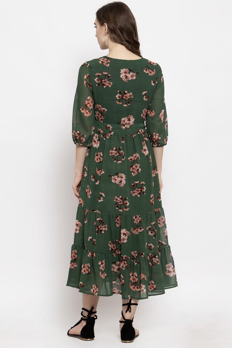 Gipsy Dark Green Floral Georgette Dress
