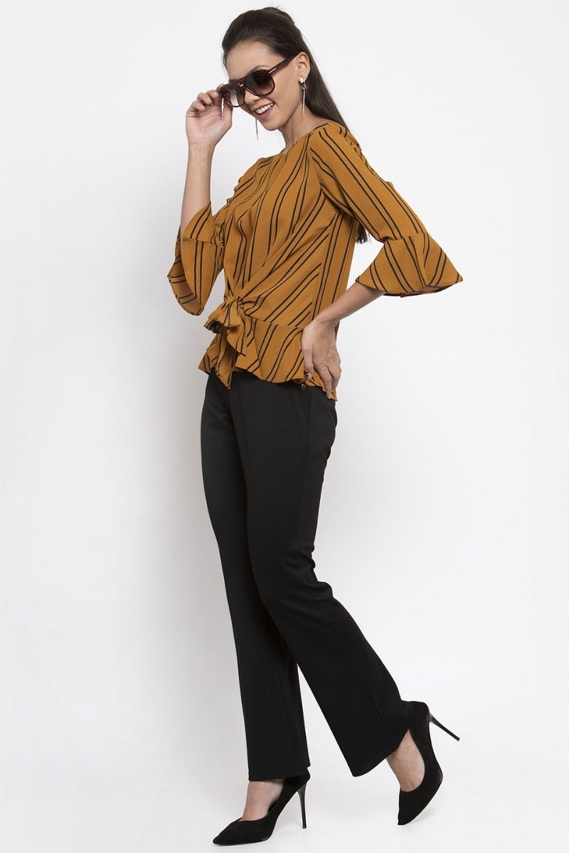Gipsy Women Mustard Round Neck 3/4 Quarter Ruffle Sleeves Top