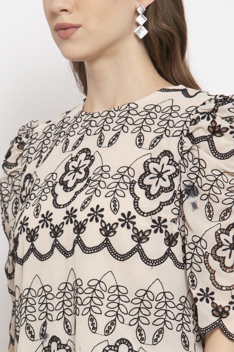 Gipsy Beige Floral Embroidery Crepe Top