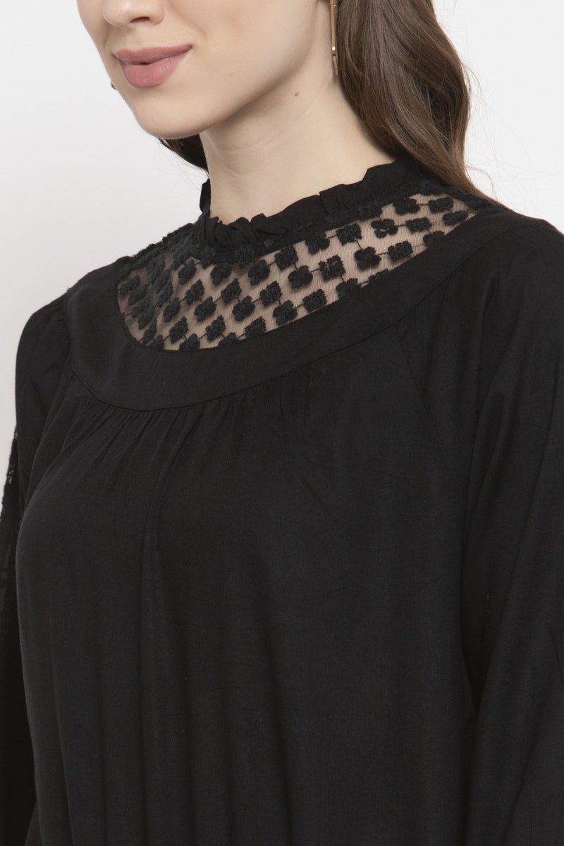 Gipsy Black Solid Rayon Net Top
