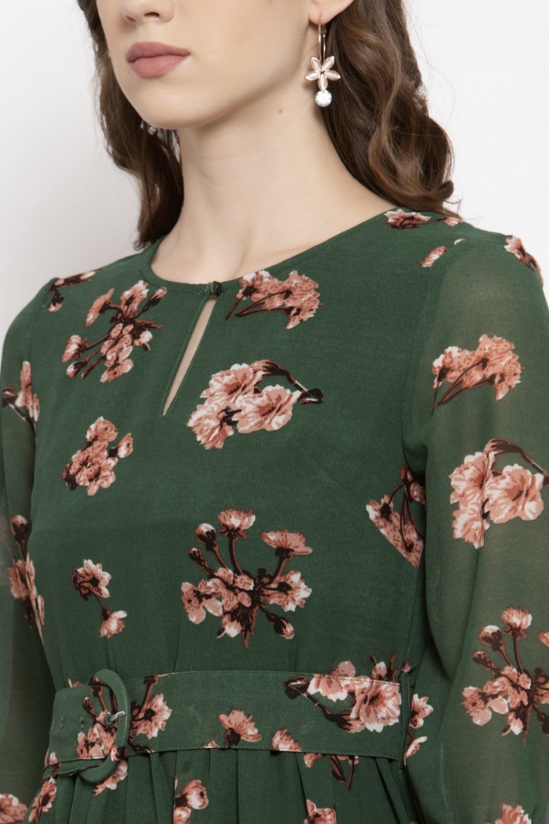 Gipsy Dark Green Floral Georgette Dress