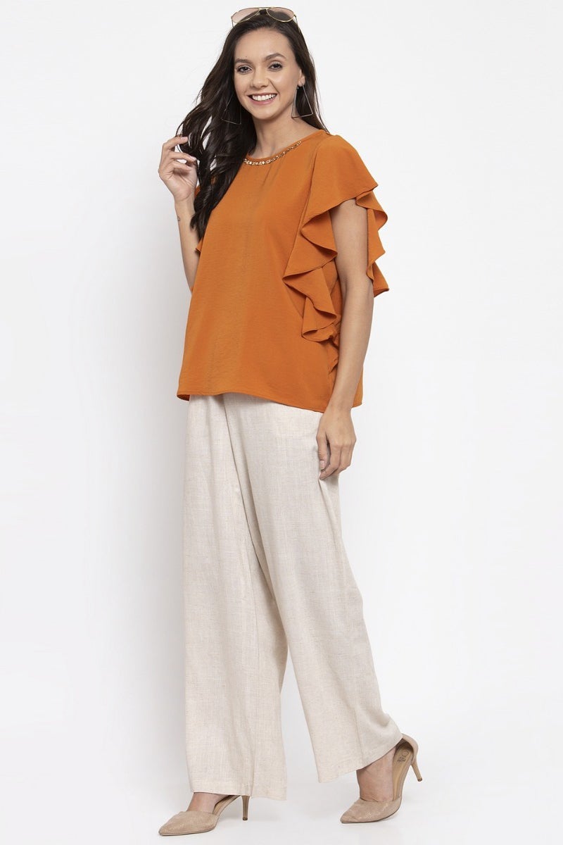 Gipsy Women Orange Round Neck Ruffle Sleeves Top