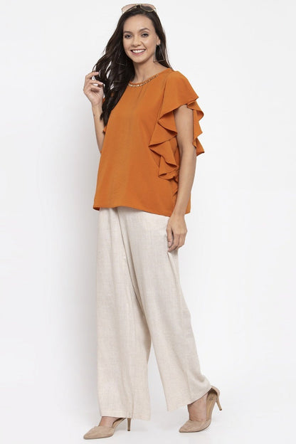 Gipsy Women Orange Round Neck Ruffle Sleeves Top