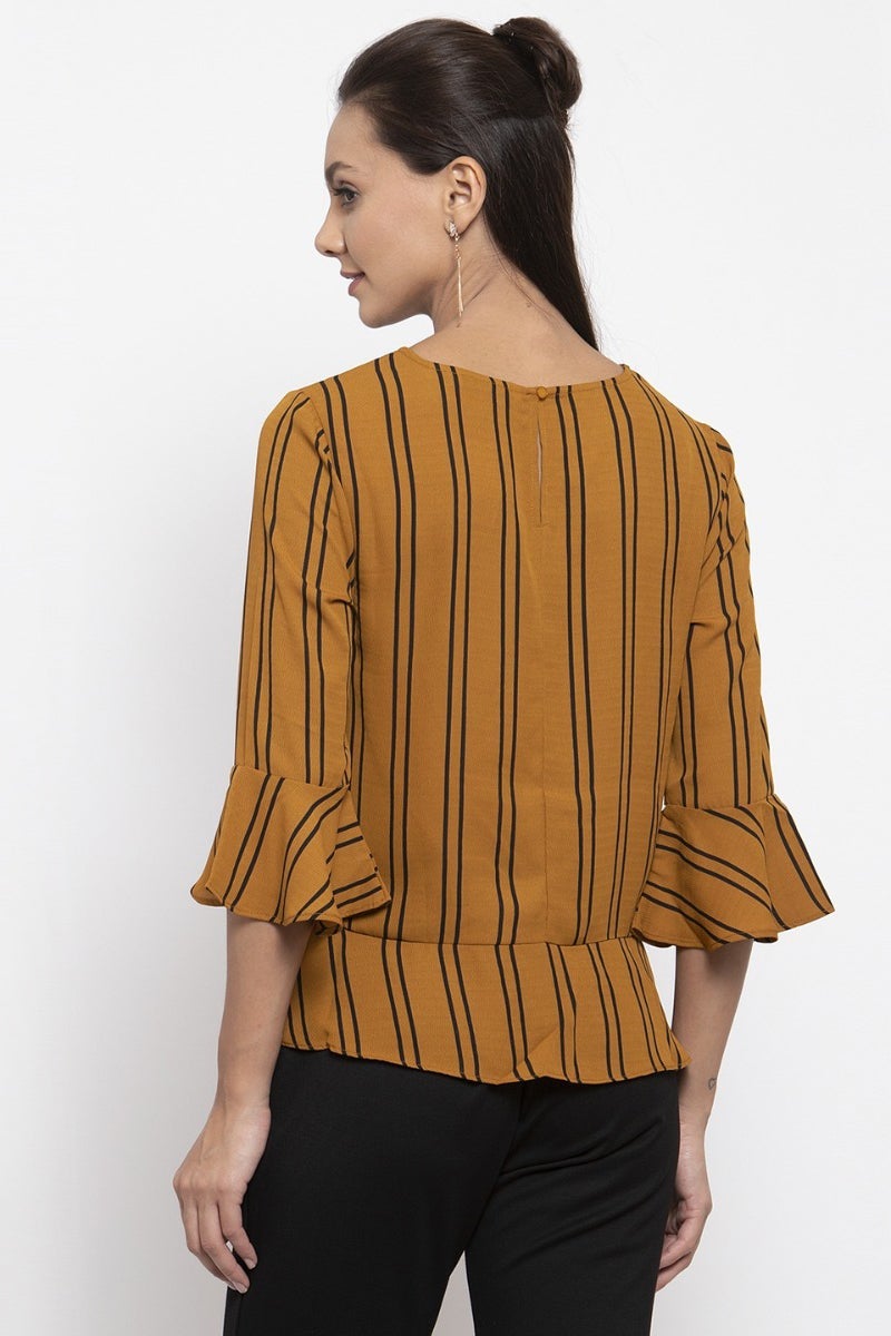 Gipsy Women Mustard Round Neck 3/4 Quarter Ruffle Sleeves Top