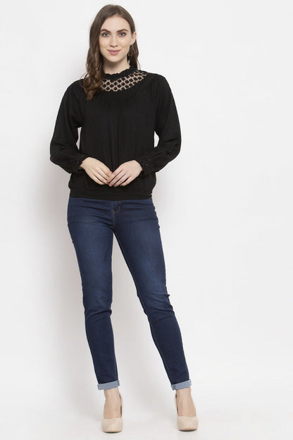 Gipsy Black Solid Rayon Net Top