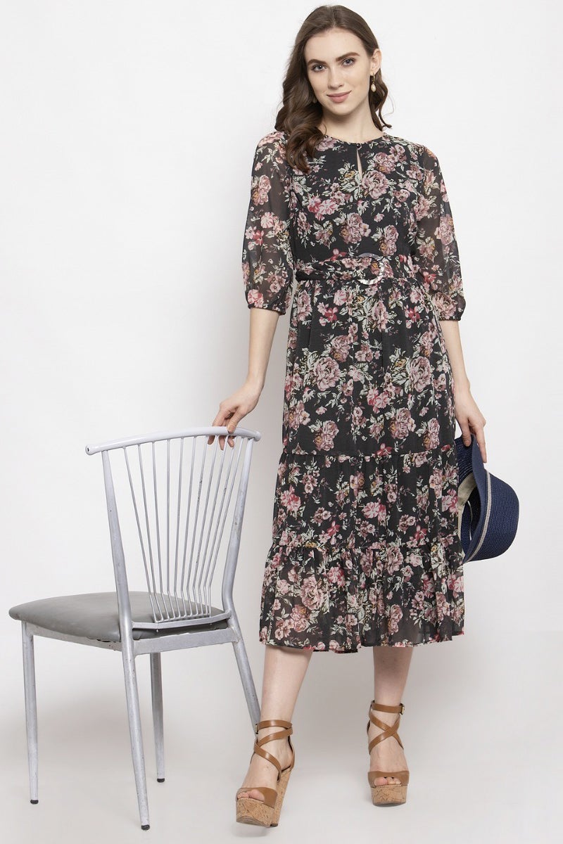 Gipsy Dark Grey Floral Georgette Dress
