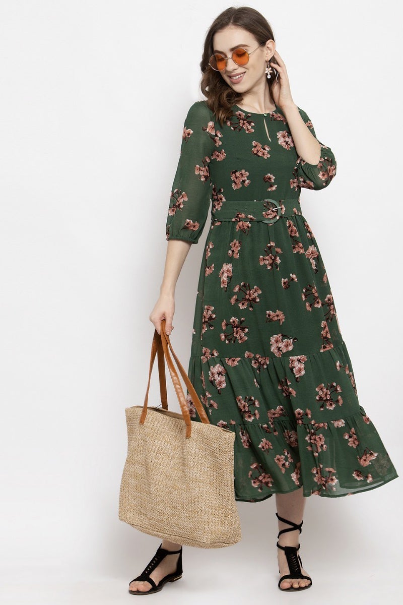 Gipsy Dark Green Floral Georgette Dress