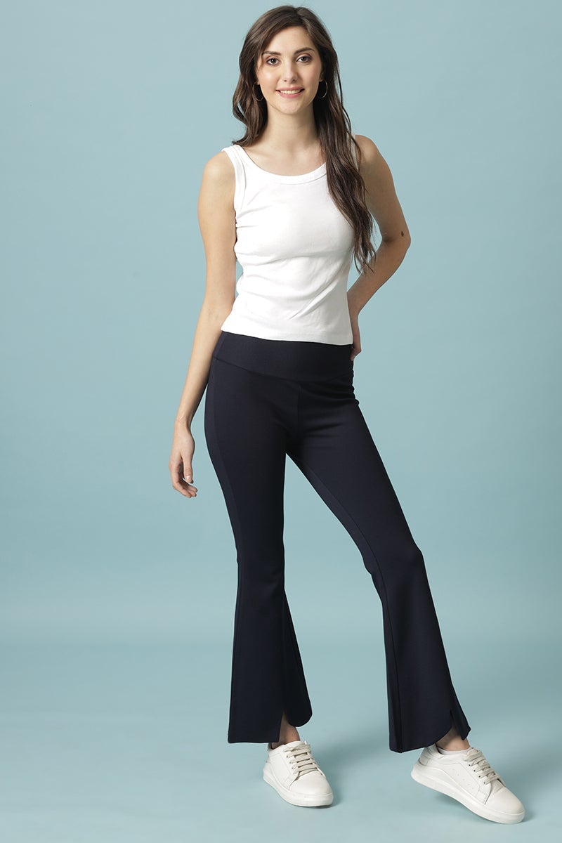 Navy Blue Solid Synthatic Bootcut Jegging