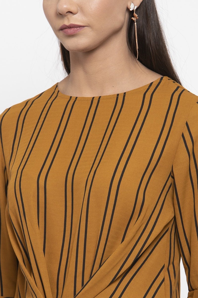 Gipsy Women Mustard Round Neck 3/4 Quarter Ruffle Sleeves Top