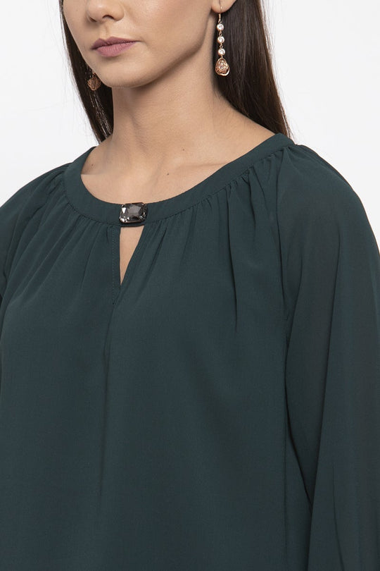 Gipsy Women Bottle Green Round Neck Full Sleeves Tunic