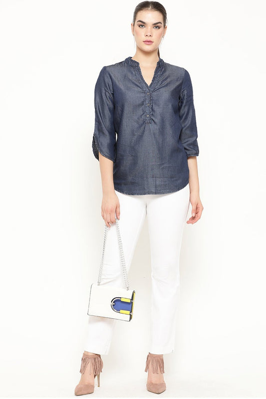 Gipsy Women Blue V Neck 3/4 Quarter Sleeves Tunic