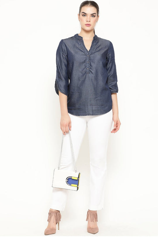 Gipsy Women Blue V Neck 3/4 Quarter Sleeves Tunic