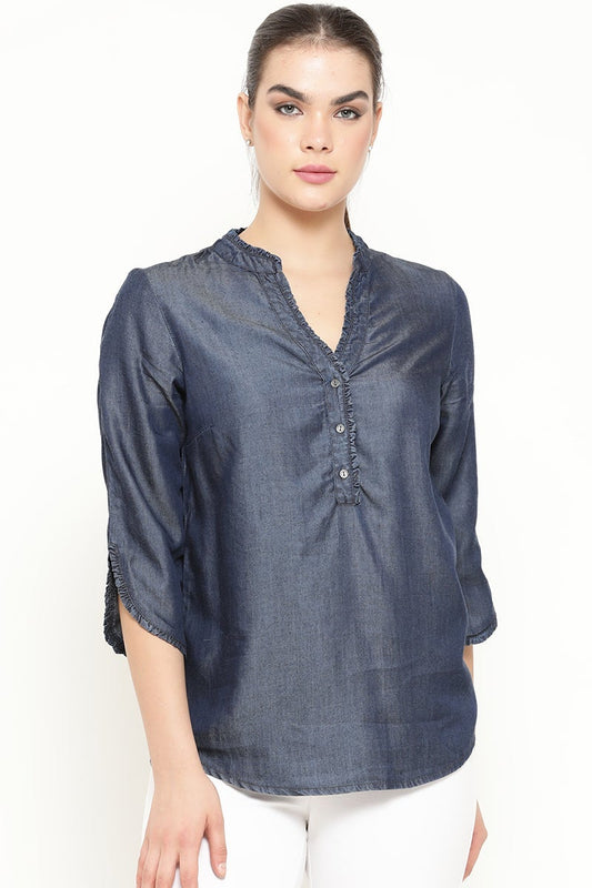 Gipsy Women Blue V Neck 3/4 Quarter Sleeves Tunic