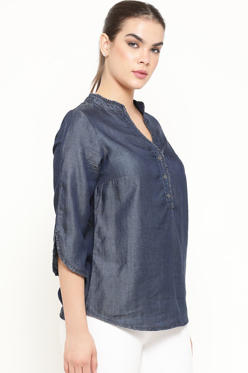 Gipsy Women Blue V Neck 3/4 Quarter Sleeves Tunic
