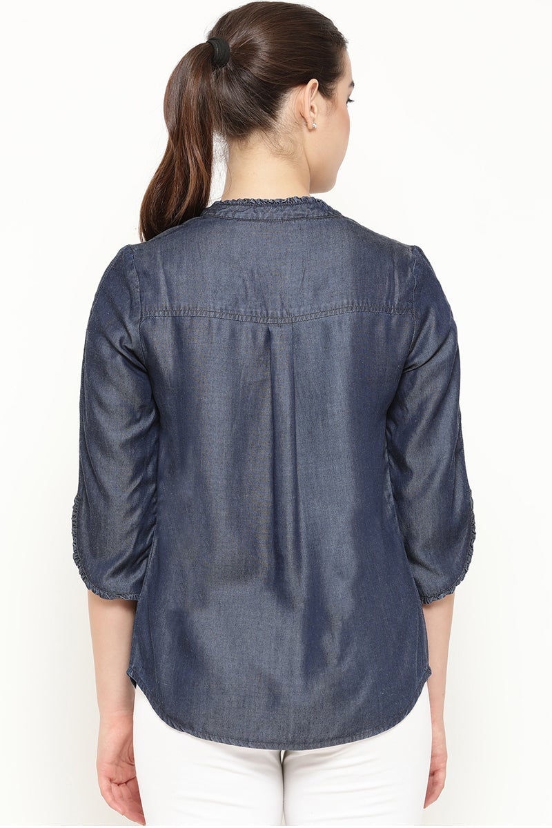 Gipsy Women Blue V Neck 3/4 Quarter Sleeves Tunic